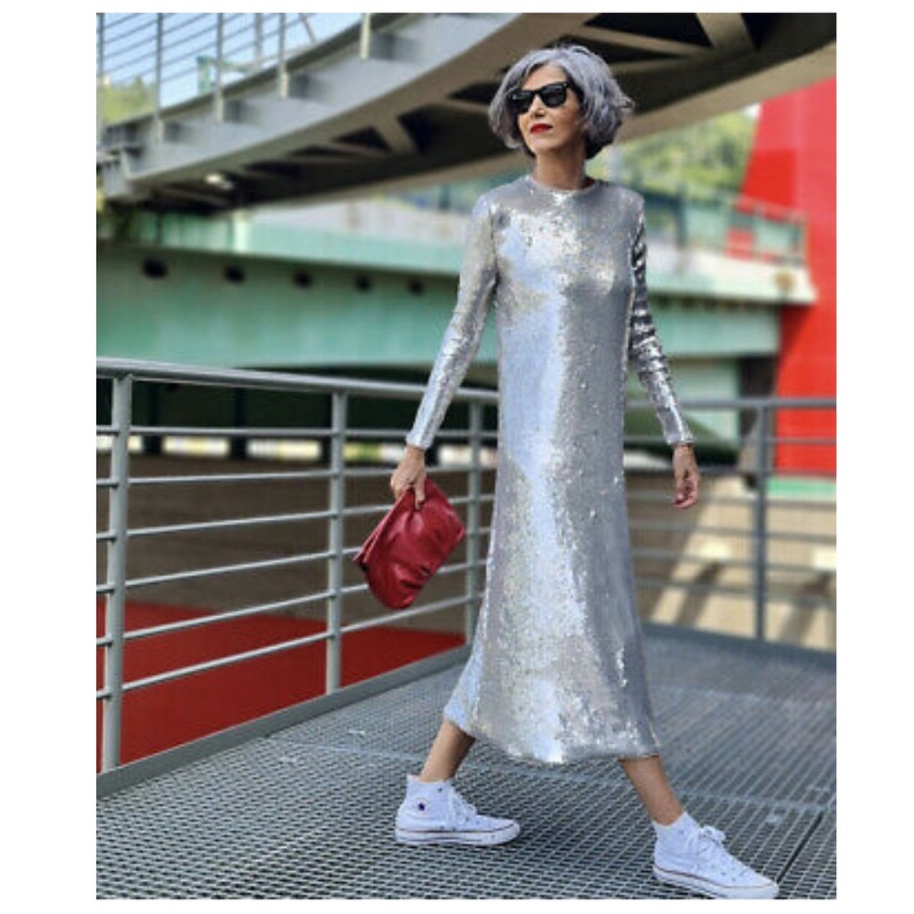 ZARA SILVER LONG SEQUIN KNIT DRESS SILVER